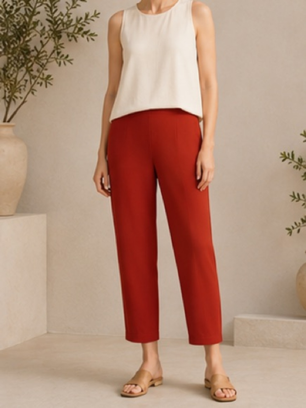 Eileen Fisher Silk Cropped Pants Red Side Zip Excellent Size S